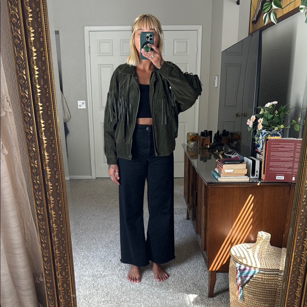 Vintage Fringe leather jacket, Dark Green, women’s Large